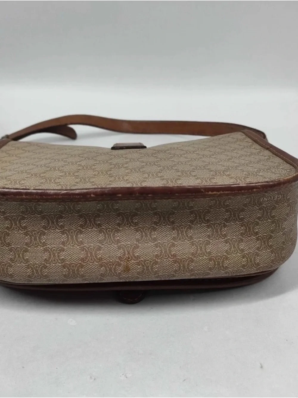 Celine Beige Monogram Canvas Crossbody with Brown Leather Trim